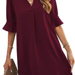 Women's V-Neck Ruffled Short Sleeve Shift Dress Summer Casual Soft Polyester